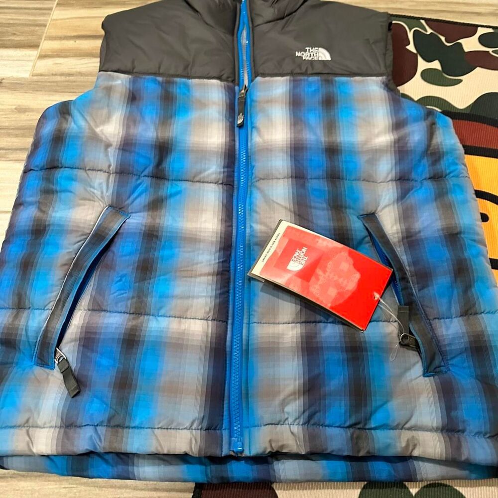 Kids The North Face Drummer Blue Plaid and Gray Puffer Vest - Picture 2 of 6